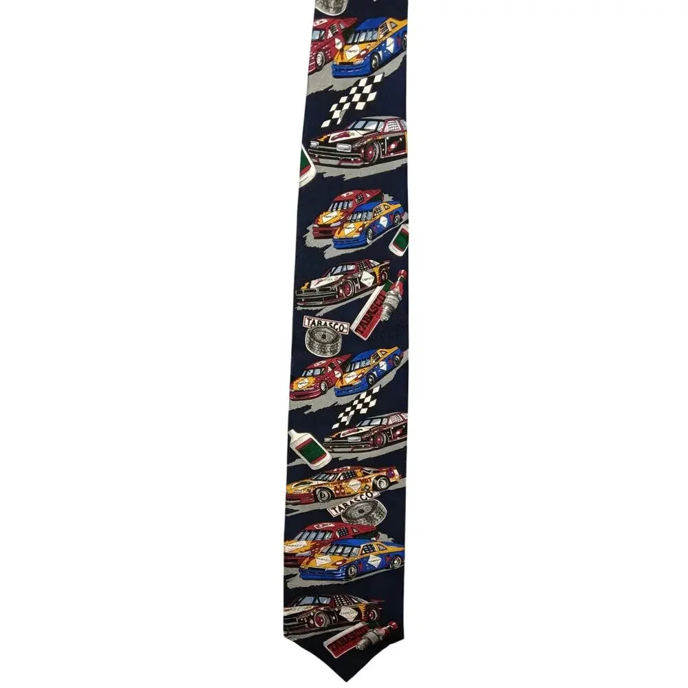 Tabasco Navy Silk Tie with Multicolor Racing Nascar Motif